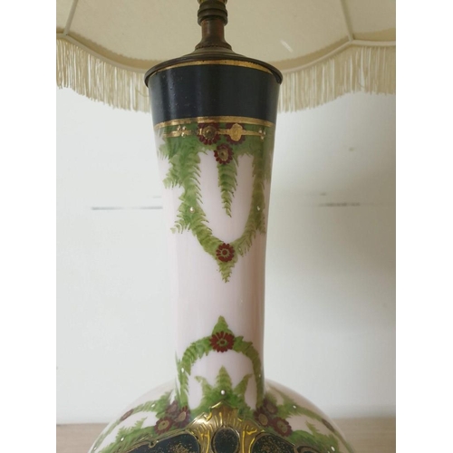 341 - A French Pink Opaline Hand Painted & Gilded Table Lamp on a Bronzed Base, Depicting an Angel Protect... 