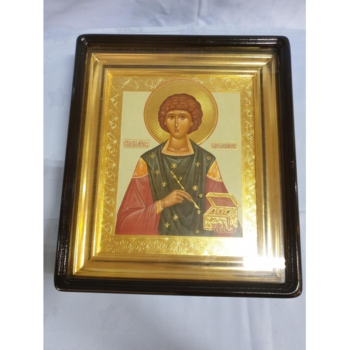 180 - Saint Panteleimon Hand Painted Icon in Gilded Frame and Wooden Box with Glass Door