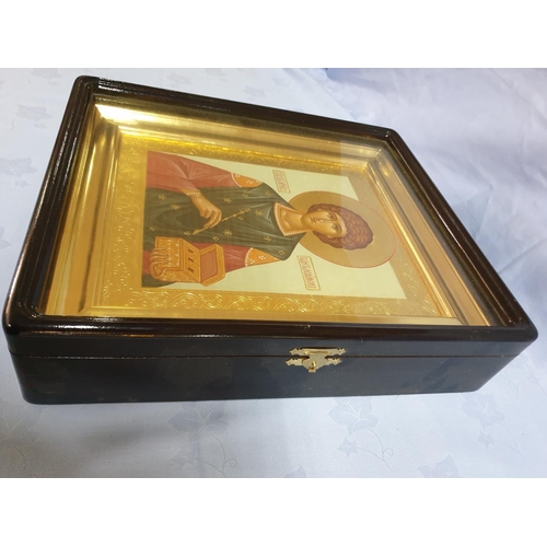 180 - Saint Panteleimon Hand Painted Icon in Gilded Frame and Wooden Box with Glass Door