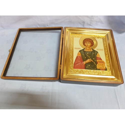 180 - Saint Panteleimon Hand Painted Icon in Gilded Frame and Wooden Box with Glass Door