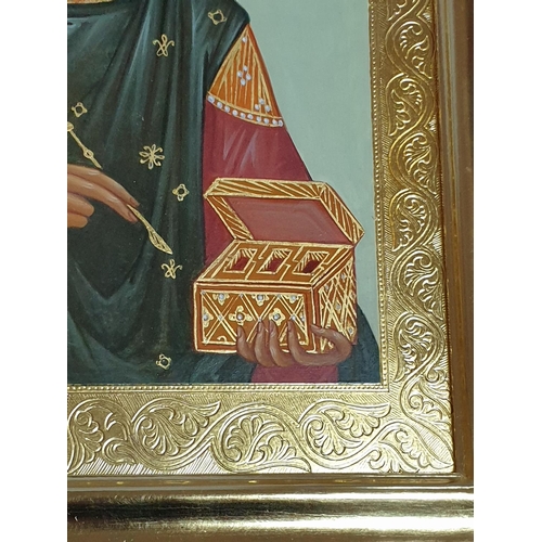 180 - Saint Panteleimon Hand Painted Icon in Gilded Frame and Wooden Box with Glass Door