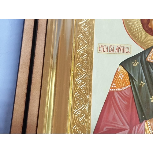 180 - Saint Panteleimon Hand Painted Icon in Gilded Frame and Wooden Box with Glass Door