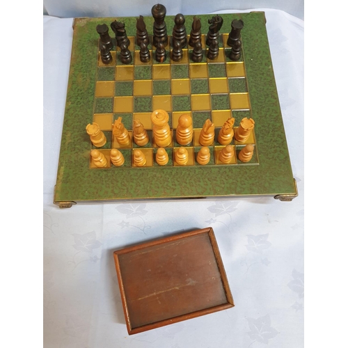 826 - Antique / Vintage Carved Hard Wood Chess Set with Storage Box / Chess Board