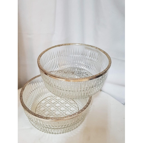 119 - 2 x Retro Style Cut Glass Large Salad / Fruit Bowls with Decorative Metal Rim (Ø24cm each)