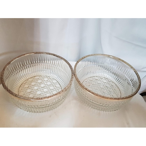 119 - 2 x Retro Style Cut Glass Large Salad / Fruit Bowls with Decorative Metal Rim (Ø24cm each)