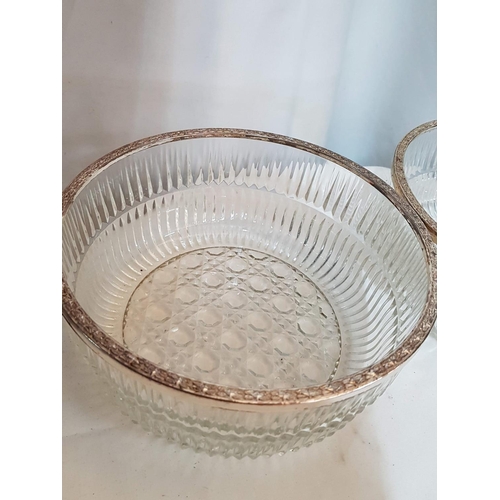 119 - 2 x Retro Style Cut Glass Large Salad / Fruit Bowls with Decorative Metal Rim (Ø24cm each)