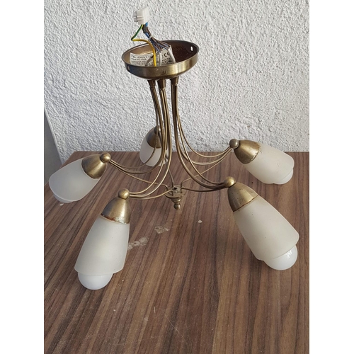 521 - Modern Hanging Light with Brass Effect 5 - Arms and Matt Milk Glass Lamp Shades (Un-Tested, A/F)