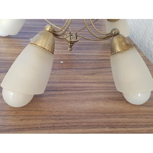 521 - Modern Hanging Light with Brass Effect 5 - Arms and Matt Milk Glass Lamp Shades (Un-Tested, A/F)