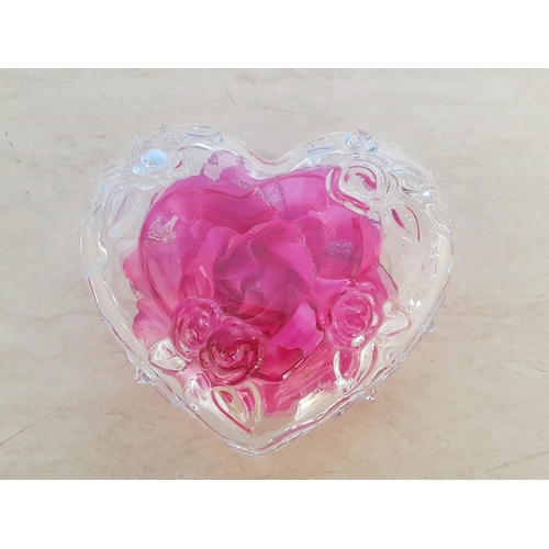 78 - Large Glass Heart Shape Trinket Box in Rose Pattern (Approx 13 x 16cm)