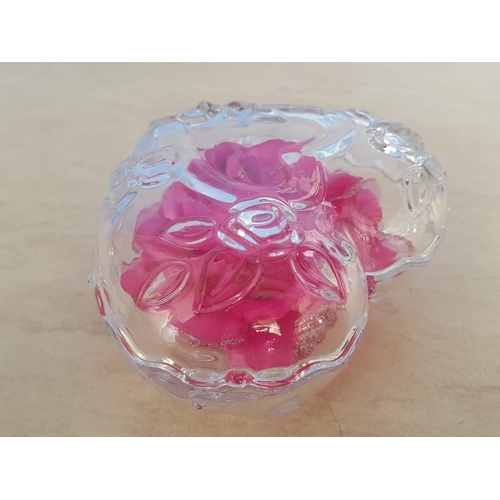 78 - Large Glass Heart Shape Trinket Box in Rose Pattern (Approx 13 x 16cm)