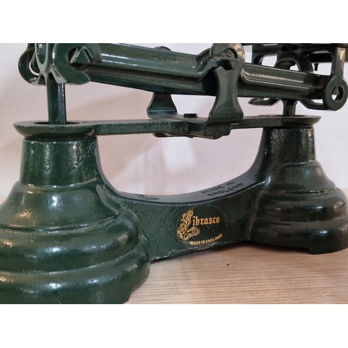 13 - Vintage Green Libasco Kitchen Scales Complete with 2 x Brass Pans  & Set of 7 x Brass Bell Weights