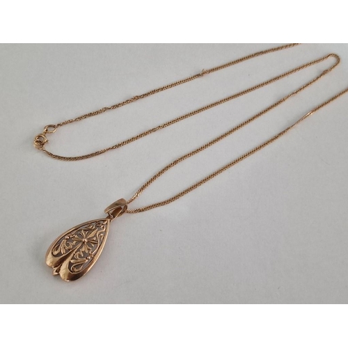 133 - 14ct Gold Pendant with Pierced Floral Pattern, on 14ct Gold Chain Necklace, (Approx. L: 60cm, H: 35m... 