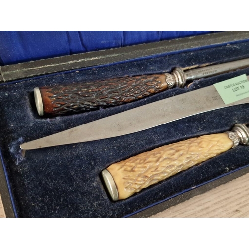 19 - Antique Harrison Bros Howson Antler Handle 3 - Piece Carving Set in Original Case