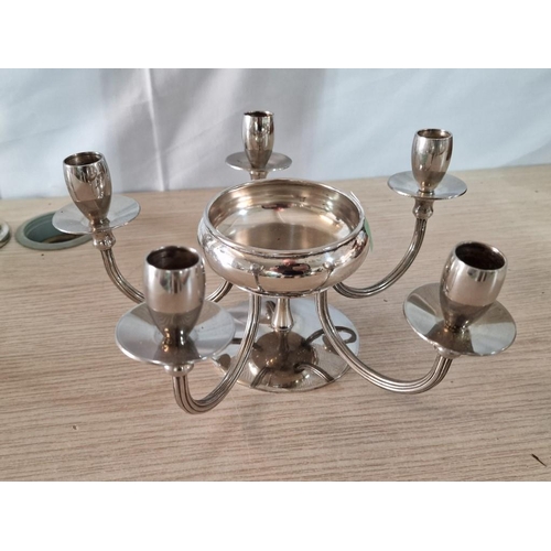 53 - Plated Candelabra 5 - Branch (H:17cm x 26cm), Viners Plated Mini Urns, Salt & Pepper & 2 x Bud Vases... 