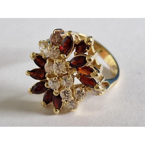 537 - 18ct Gold Ring with Decorative Arrangement of Red and Clear Stones, (Approx. 7.7g, Size K)