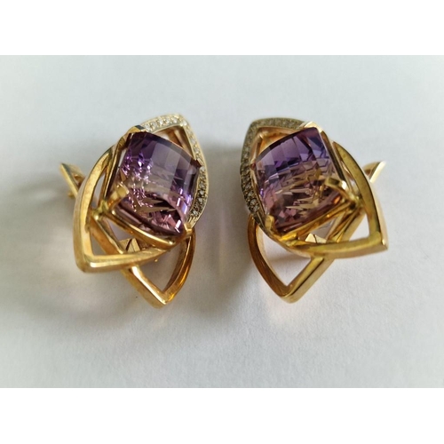 84 - Pair of Modern Designer 18ct Gold Earrings with Large Purple / Orange Tone Stone and Diamonds, (Appr... 