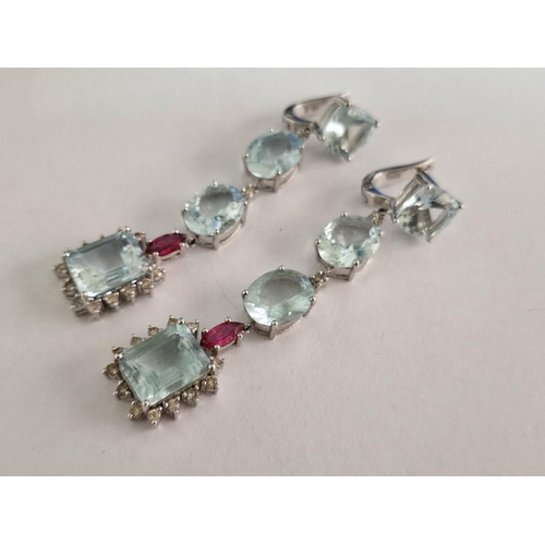 86 - Pair of 18ct White Gold Drop Earrings with 4 x Large Aquamarine Colour Stones, Smaller Red Stone and... 