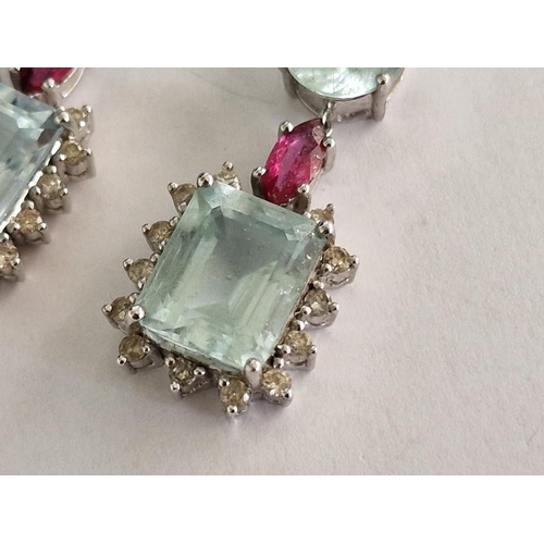 86 - Pair of 18ct White Gold Drop Earrings with 4 x Large Aquamarine Colour Stones, Smaller Red Stone and... 