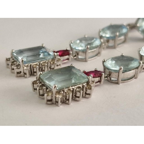 86 - Pair of 18ct White Gold Drop Earrings with 4 x Large Aquamarine Colour Stones, Smaller Red Stone and... 