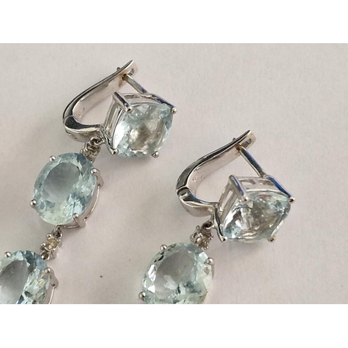 86 - Pair of 18ct White Gold Drop Earrings with 4 x Large Aquamarine Colour Stones, Smaller Red Stone and... 