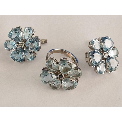 87 - Matching Set of 14ct White Gold Earrings and Ring Set with Flower Style Arrangement of Aquamarine Co... 