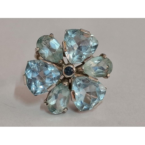 87 - Matching Set of 14ct White Gold Earrings and Ring Set with Flower Style Arrangement of Aquamarine Co... 