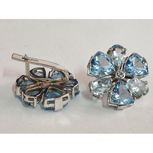 87 - Matching Set of 14ct White Gold Earrings and Ring Set with Flower Style Arrangement of Aquamarine Co... 