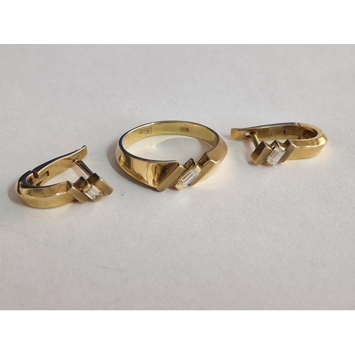 88 - Matching Set of 14ct Gold Earrings and Ring with Diagonal Set Baguette Cut Diamond, (Approx. H: 16mm... 