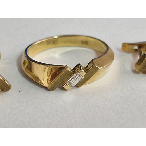 88 - Matching Set of 14ct Gold Earrings and Ring with Diagonal Set Baguette Cut Diamond, (Approx. H: 16mm... 