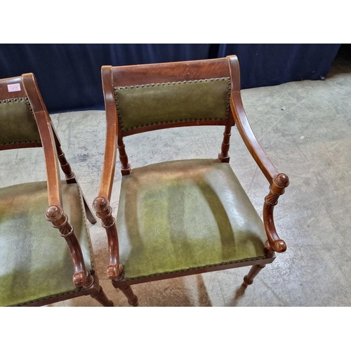 133 - Pair of Antique Wooden Armchairs with Studded Green Leather Seats and Back Rests, Turned Front Legs,... 