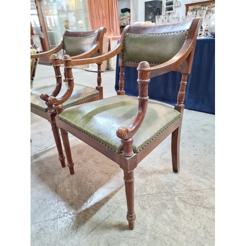 133 - Pair of Antique Wooden Armchairs with Studded Green Leather Seats and Back Rests, Turned Front Legs,... 