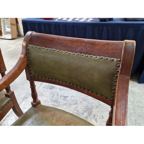 133 - Pair of Antique Wooden Armchairs with Studded Green Leather Seats and Back Rests, Turned Front Legs,... 