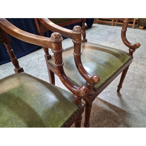 133 - Pair of Antique Wooden Armchairs with Studded Green Leather Seats and Back Rests, Turned Front Legs,... 