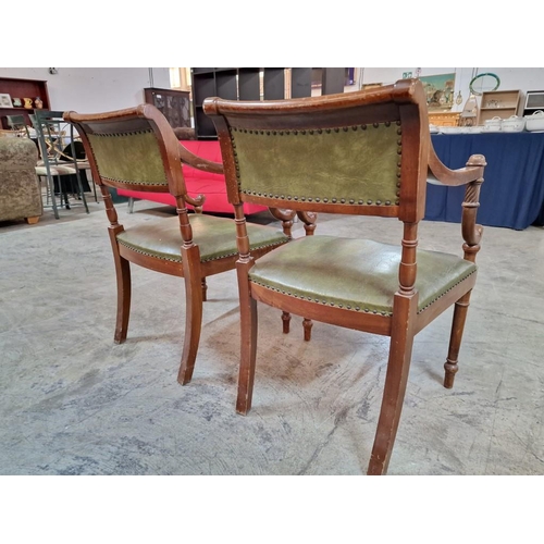 133 - Pair of Antique Wooden Armchairs with Studded Green Leather Seats and Back Rests, Turned Front Legs,... 