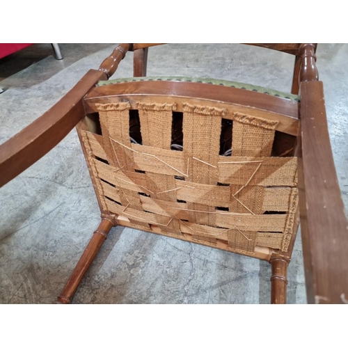 133 - Pair of Antique Wooden Armchairs with Studded Green Leather Seats and Back Rests, Turned Front Legs,... 