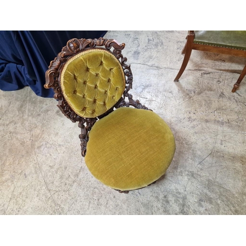 134 - Antique Nursing / Bedroom Chair with Carved Wood Surround and Green Fabric Patted Seat and Button-Ba... 