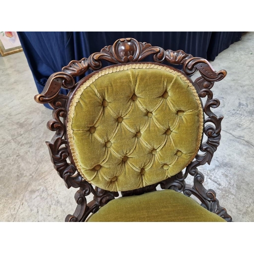 134 - Antique Nursing / Bedroom Chair with Carved Wood Surround and Green Fabric Patted Seat and Button-Ba... 