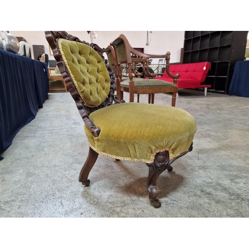 134 - Antique Nursing / Bedroom Chair with Carved Wood Surround and Green Fabric Patted Seat and Button-Ba... 