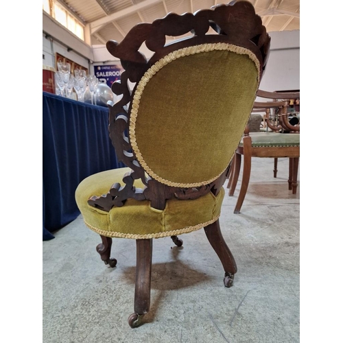 134 - Antique Nursing / Bedroom Chair with Carved Wood Surround and Green Fabric Patted Seat and Button-Ba... 