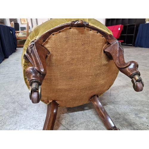 134 - Antique Nursing / Bedroom Chair with Carved Wood Surround and Green Fabric Patted Seat and Button-Ba... 