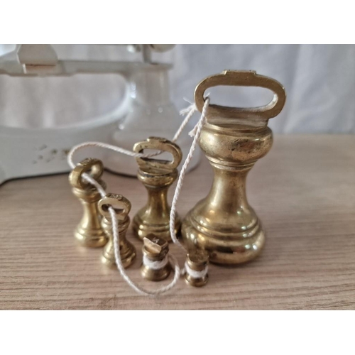 4 - Vintage White Colour Librasco Kitchen Balance Scales with 2 Brass Pans and Set of 6 x Brass Bell Wei... 