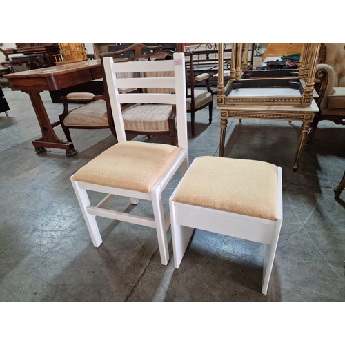 526 - White Colour Chair with Fabric Padded Seat, Together with Matching Dressing Table Stool, (2)