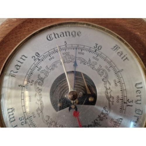 66 - Oak Framed Round Wall Barometer & Thermometer, (Approx. Ø: 22cm)