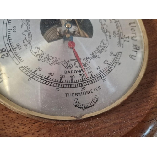 66 - Oak Framed Round Wall Barometer & Thermometer, (Approx. Ø: 22cm)