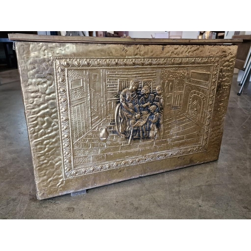 81 - Large Vintage Brass Relief Clad Storage Box with Country Cottage Scene, (Approx. 59 x 39 x 38cm)