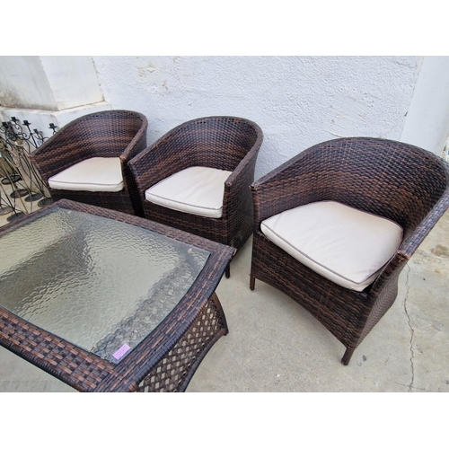 97 - Ratan Garden / Patio Set of 6 x Armchairs with Seat Cushions and Matching Glass Top Coffee Table, (7... 