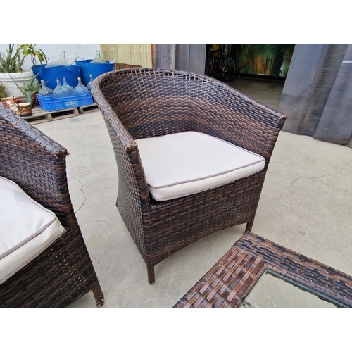 97 - Ratan Garden / Patio Set of 6 x Armchairs with Seat Cushions and Matching Glass Top Coffee Table, (7... 