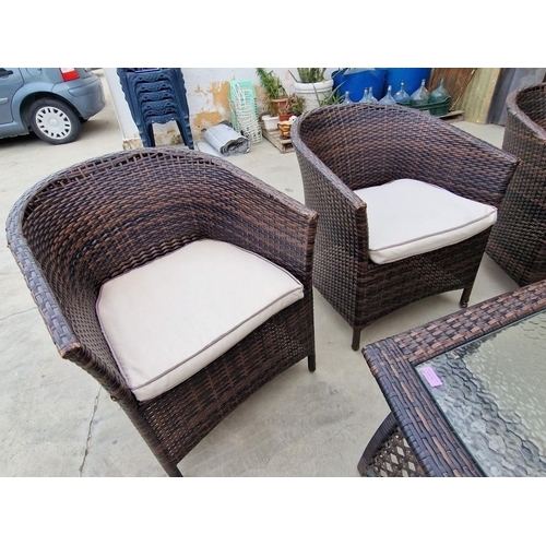 97 - Ratan Garden / Patio Set of 6 x Armchairs with Seat Cushions and Matching Glass Top Coffee Table, (7... 