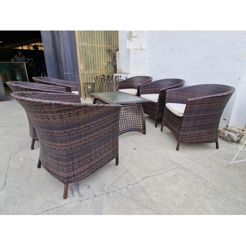 97 - Ratan Garden / Patio Set of 6 x Armchairs with Seat Cushions and Matching Glass Top Coffee Table, (7... 