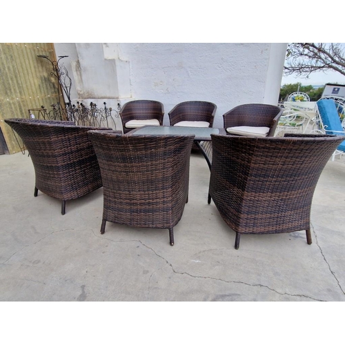 97 - Ratan Garden / Patio Set of 6 x Armchairs with Seat Cushions and Matching Glass Top Coffee Table, (7... 